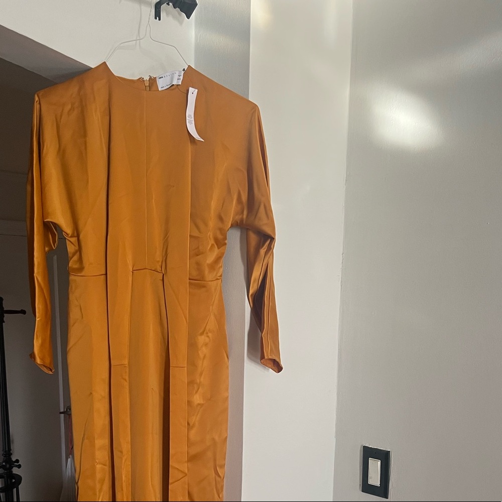 ASOS DESIGN satin maxi dress with batwing sleeve and wrap waist band in mustard